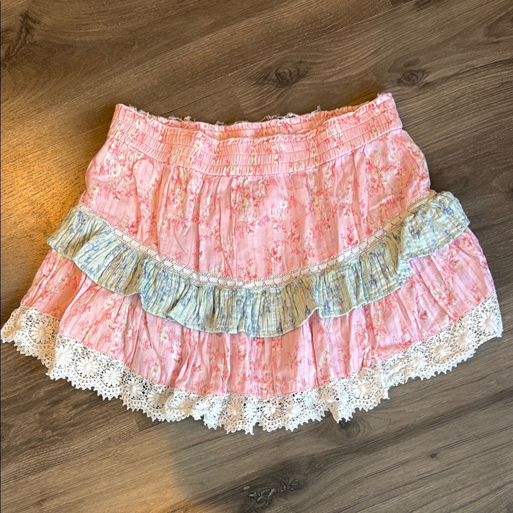 LoveShackFancy blue&pink ruffle mini skirt